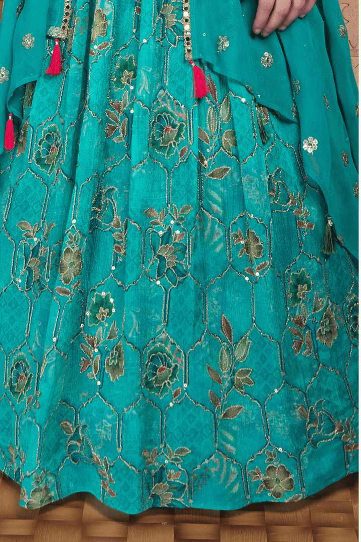 Rama Green Multicolor Embroidery, Mirror and Thread work Overcoat Styled Lehenga Choli for Girls - Seasons Chennai
