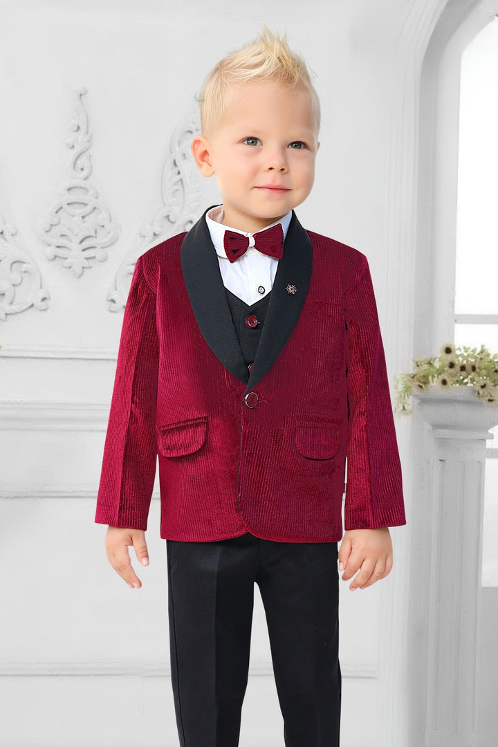 Boys Banarasi Brocade Vest Coat Set in Maroon Colour