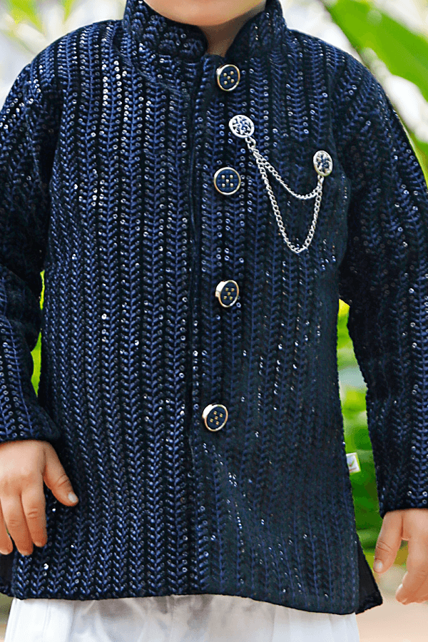 Navy Blue with Half White Lucknowi and Sequins work Kurta and Pajama Set for Boys - Seasons Chennai
