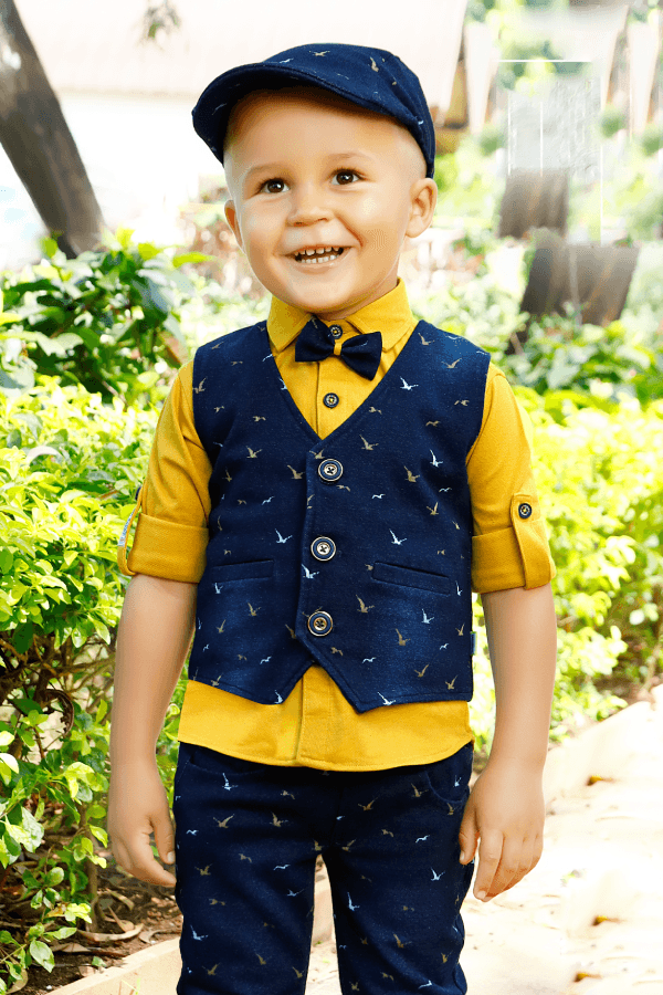 Navy Blue with Mustard Waist Coat and Pant Set for Boys with Bow and Cap - Seasons Chennai