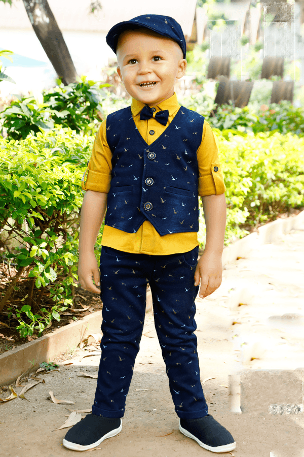 Navy Blue with Mustard Waist Coat and Pant Set for Boys with Bow and Cap - Seasons Chennai