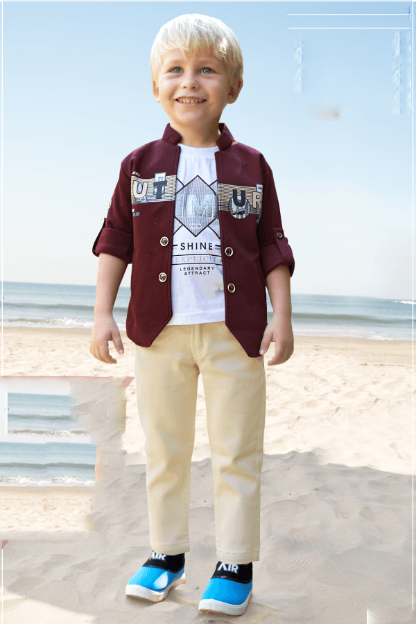 Maroon Waist Coat with White T-Shirt and Sandal Pant Set for Boys - Seasons Chennai