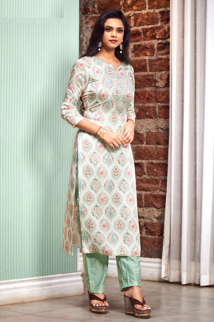 Sea Green Zardozi, Pearl and Thread work with Digital Print Straight Cut Salwar Suit - Seasons Chennai