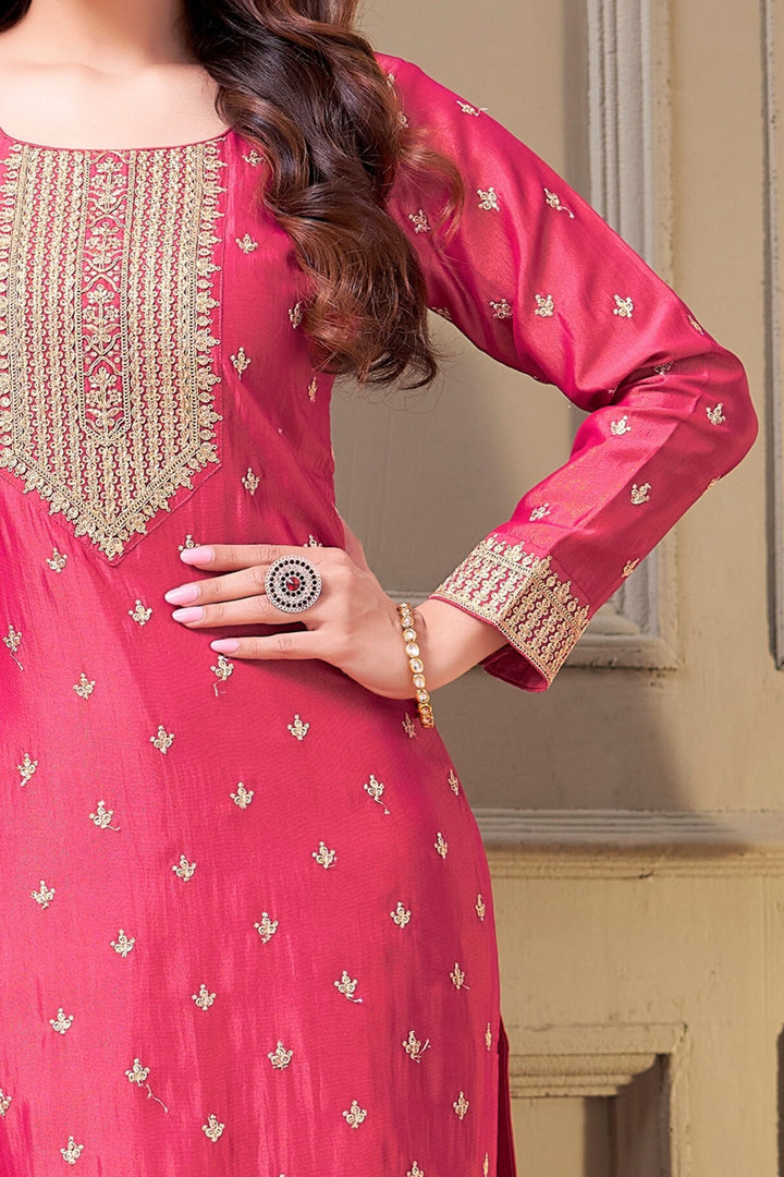 Rani Pink Zari Thread and Banaras Weaving work Straight Cut Salwar Suit