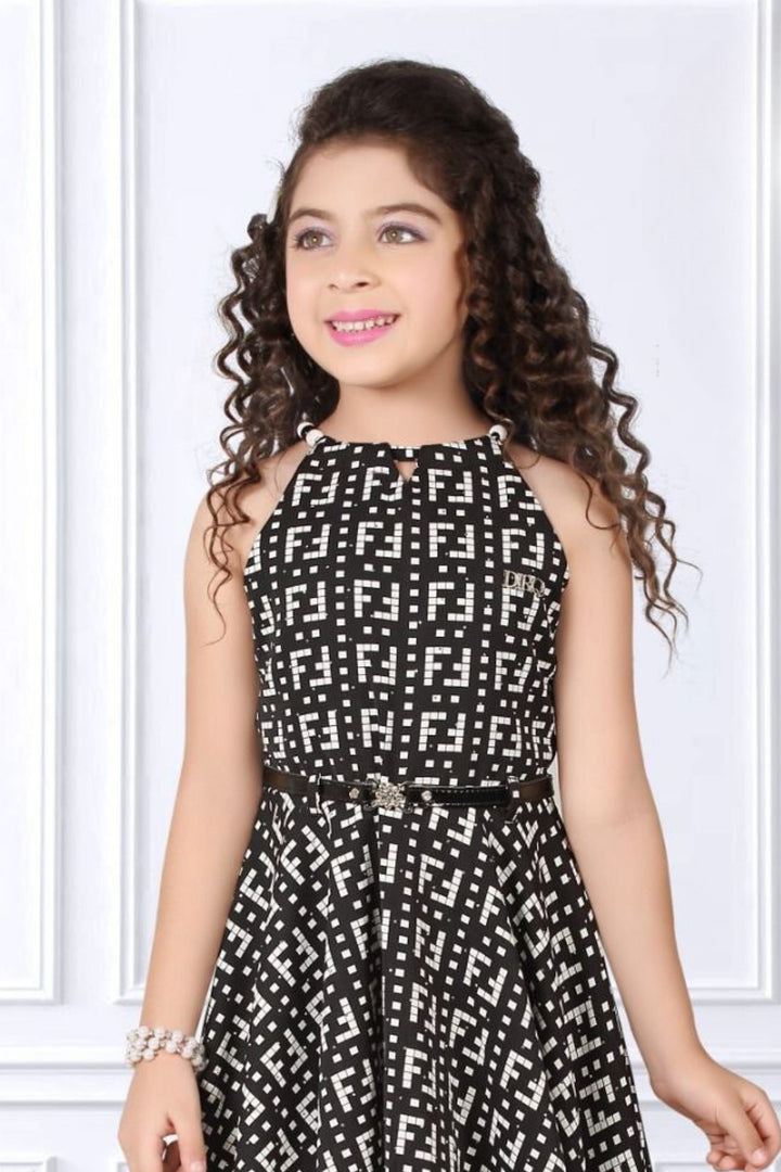 Black with White Printed Short Frock for Girls with Belt