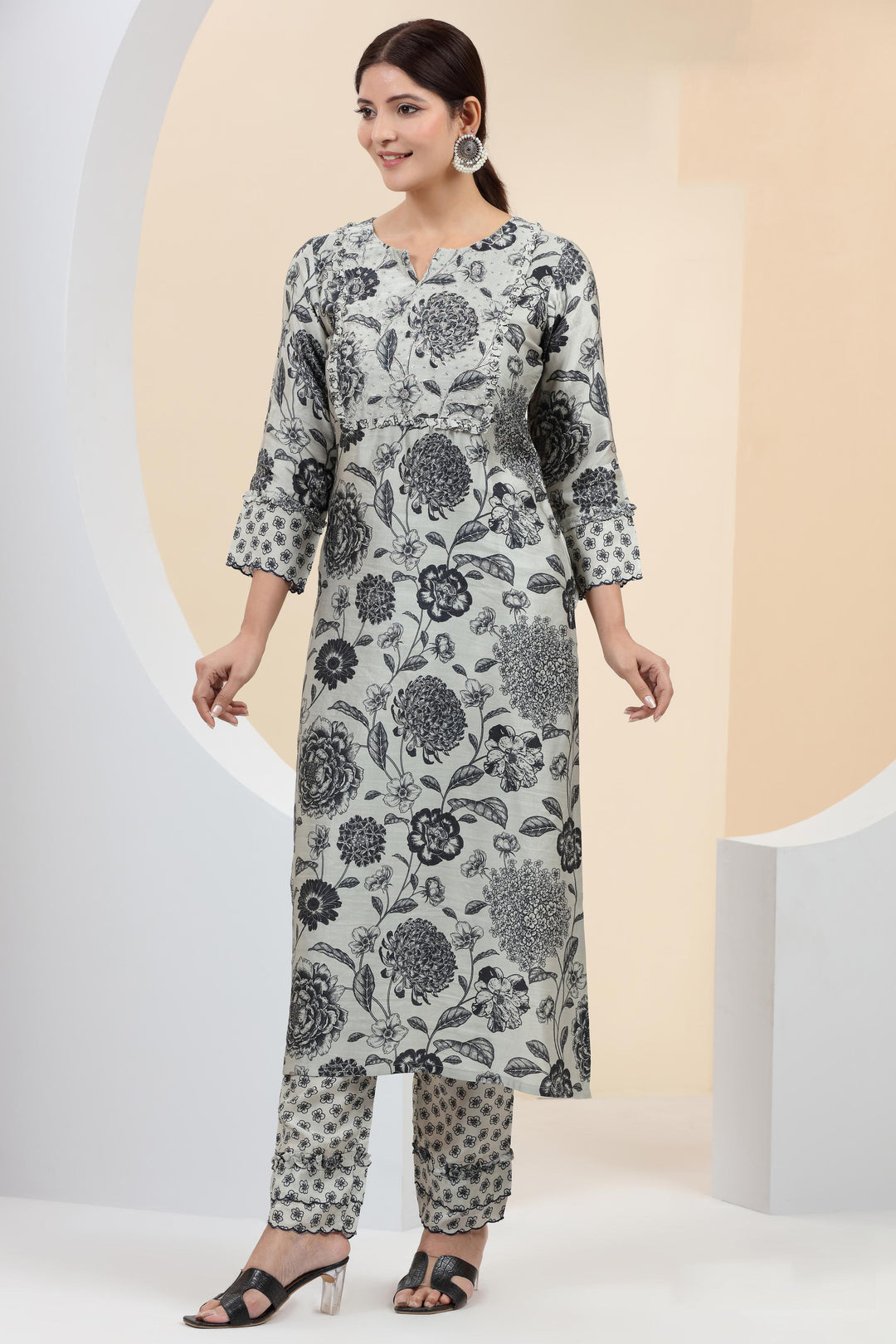 Grey with Black Floral Print, Sequins and Lace work Straight Cut Salwar Suit - Seasons Chennai