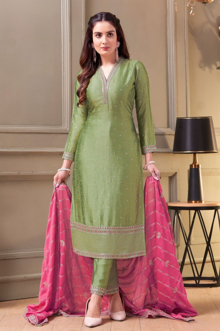 Pista Green Sequins, Zari and Thread work Straight Cut Salwar Suit