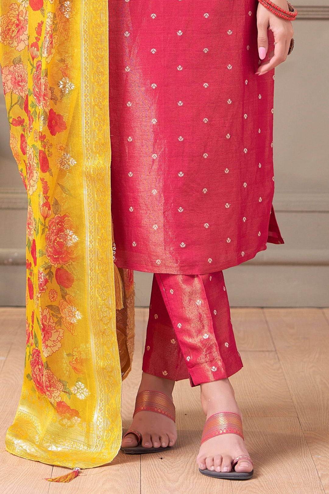 Red Zardozi, Beads and Pearl work with Banaras Zari Weaving Straight Cut Salwar Suit