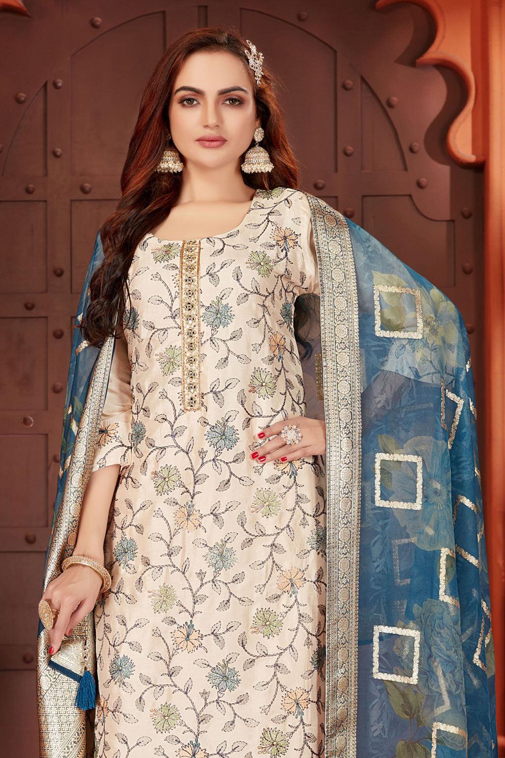 Beige Embroidery, Sequins, Beads and Mirror work Straight Cut Salwar Suit - Seasons Chennai