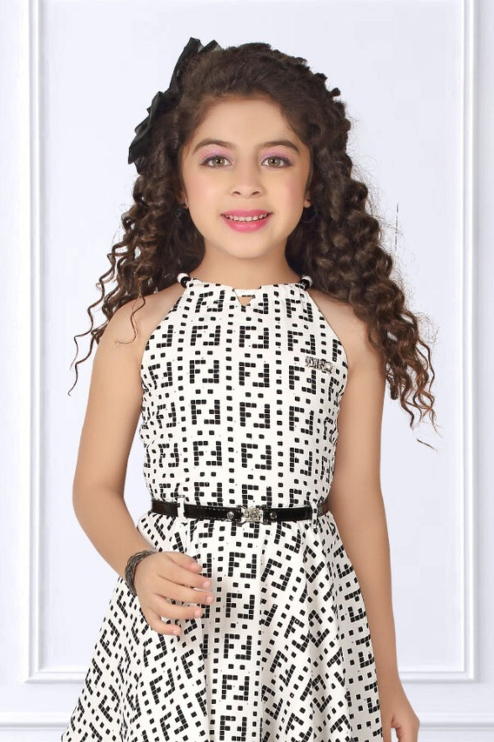 White with Black Printed Short Frock for Girls with Belt