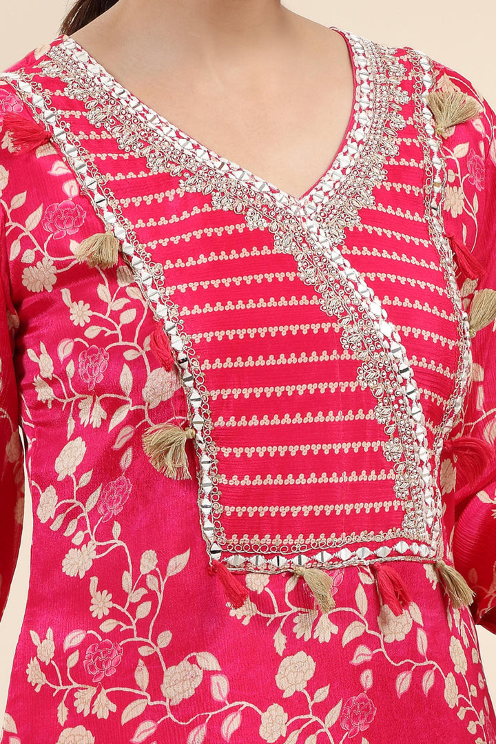 Rani Pink Floral Print, Mirror and Zardozi work with Bandini Print Dhoti Styled Salwar Suit - Seasons Chennai
