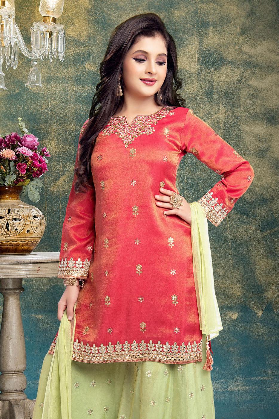 Tomato Red with Green Sequins, Mirror and Zari work for Girls Palazzo Suit Set - Seasons Chennai