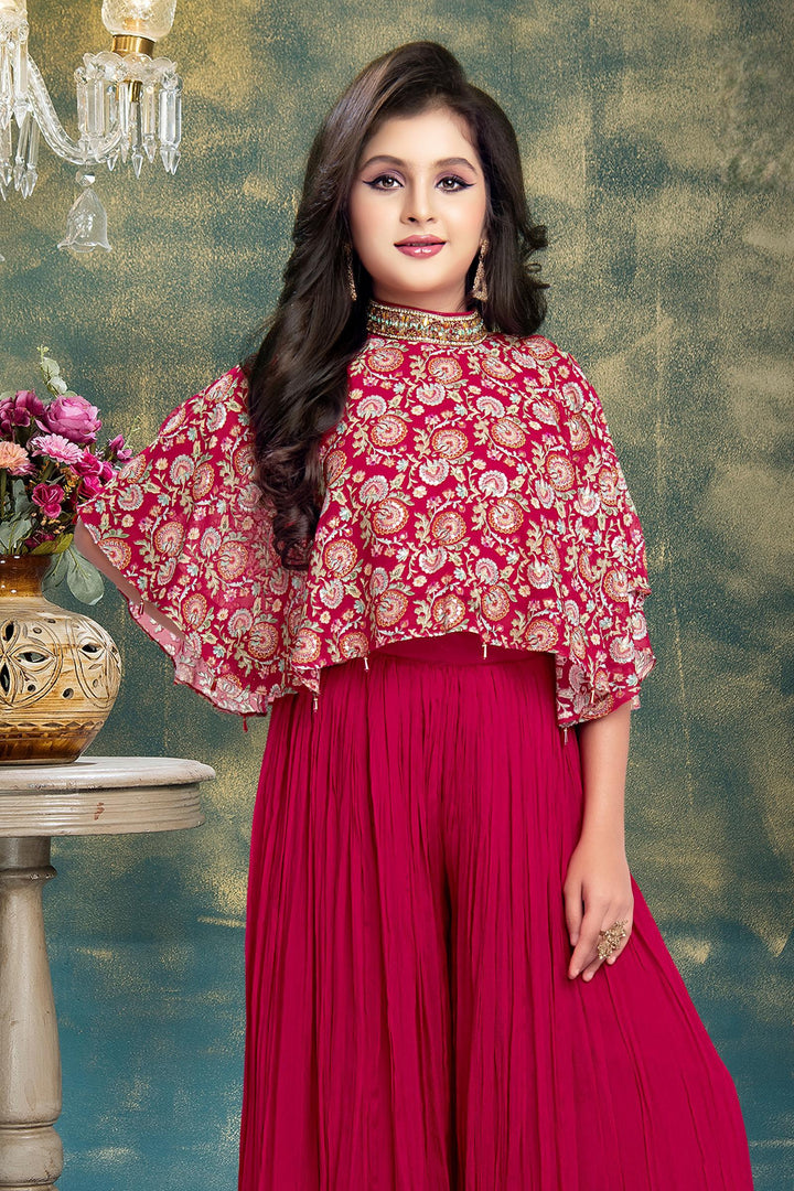 Rani Pink Sequins, Stone and Mirror work with Floral Print Poncho Style Palazzo Suit Set For Girls - Seasons Chennai