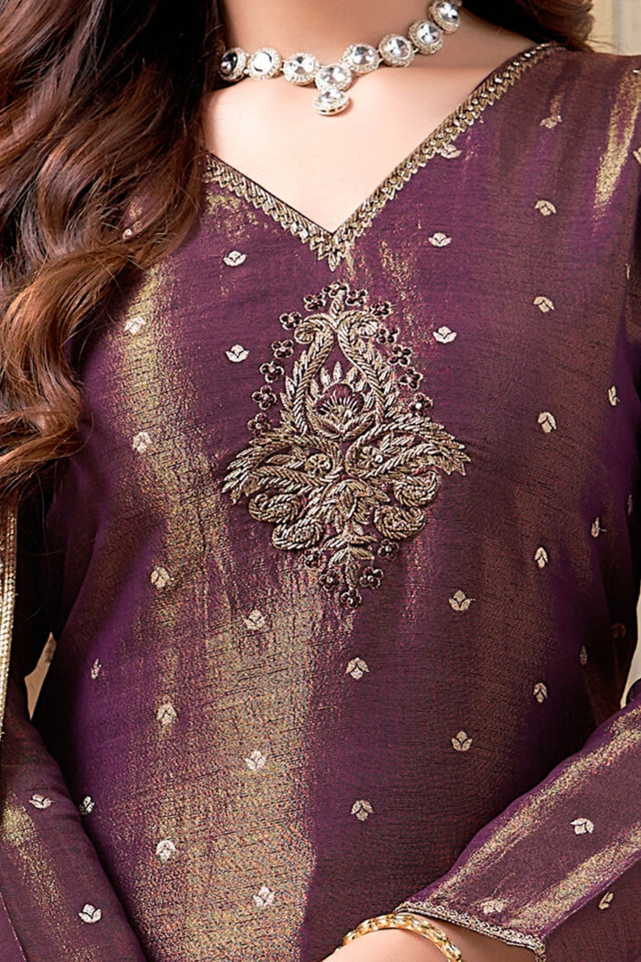 Wine Zardozi, Stone and Sequins work with Banaras Zari Weaving Straight Cut Salwar Suit