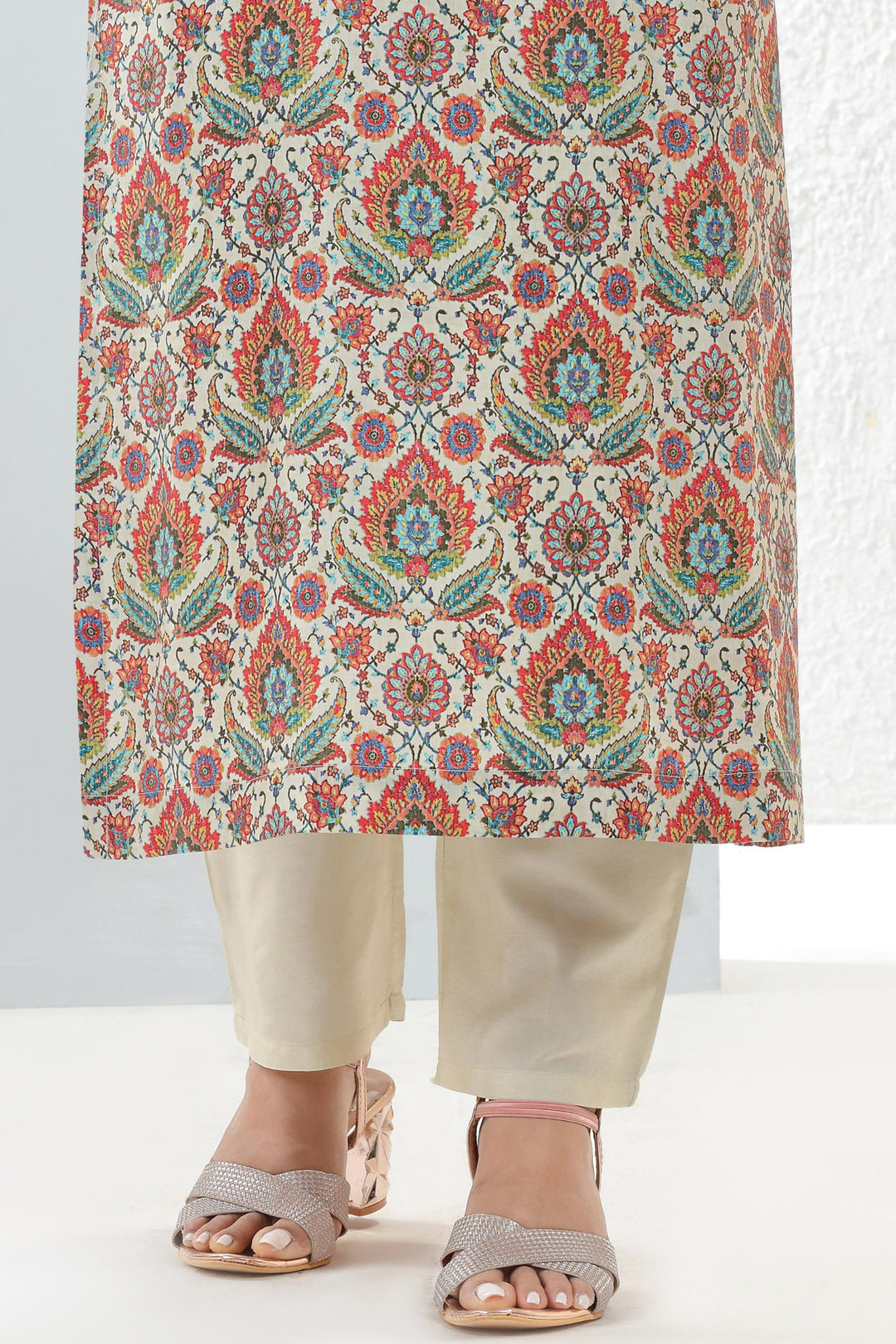 Cream with Multicolor Digital Print, Pearl and Zardozi work Straight Cut Salwar Suit - Seasons Chennai