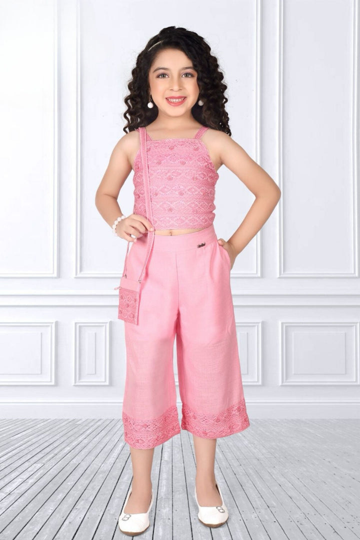 Pink Lace work Culottes Set for Girls with Matching Bag
