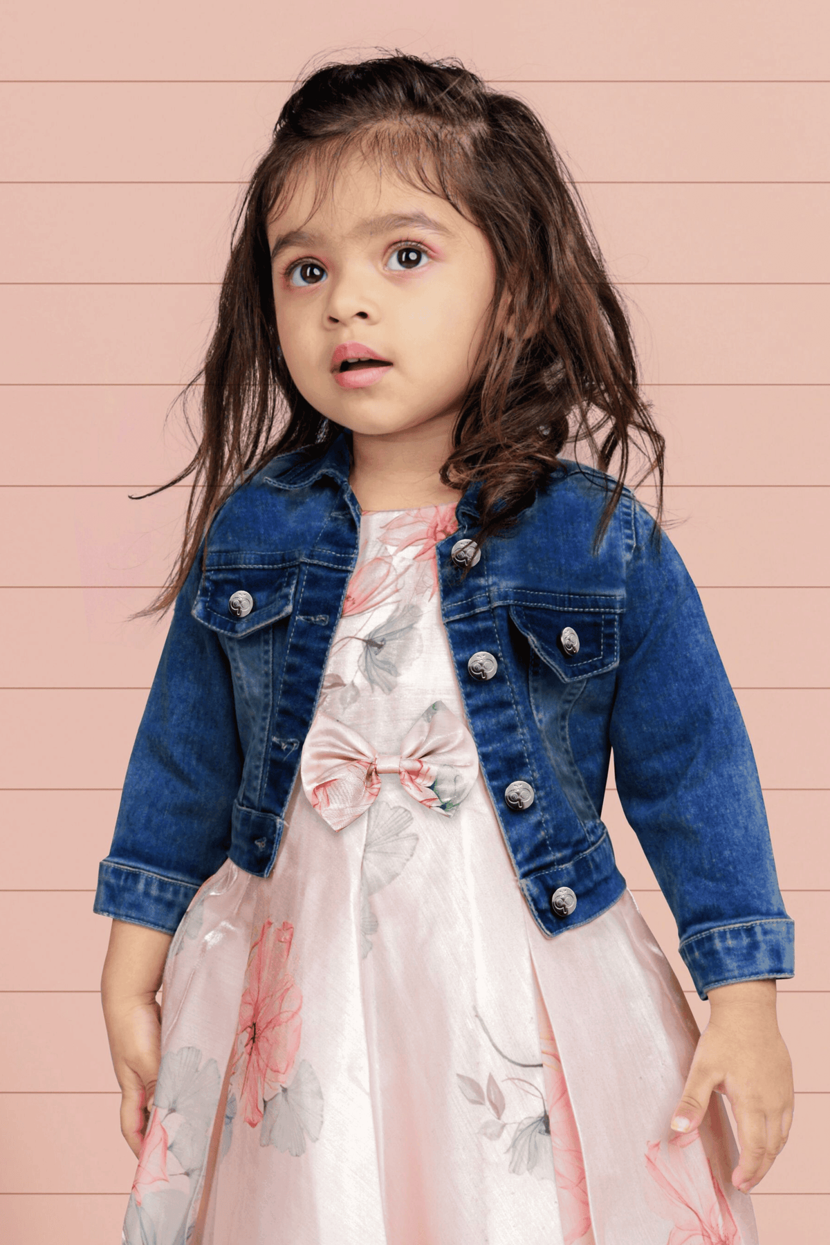 Peach With Blue Denim Floral Print Overcoat Styled Short Frock For Gir peach-with-blue-denim-floral-print-overcoat-styled-short-frock-for-gir