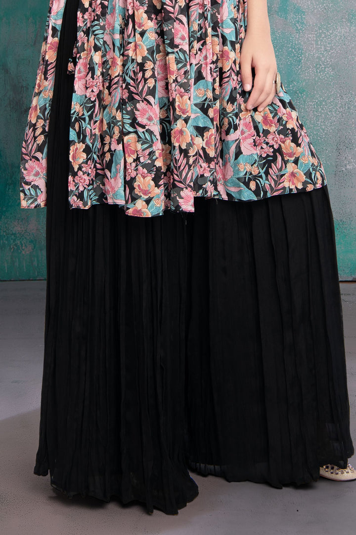 Black Floral Print, Mirror and Stone work Alia Cut Peplum Top and Sharara Set for Girls
