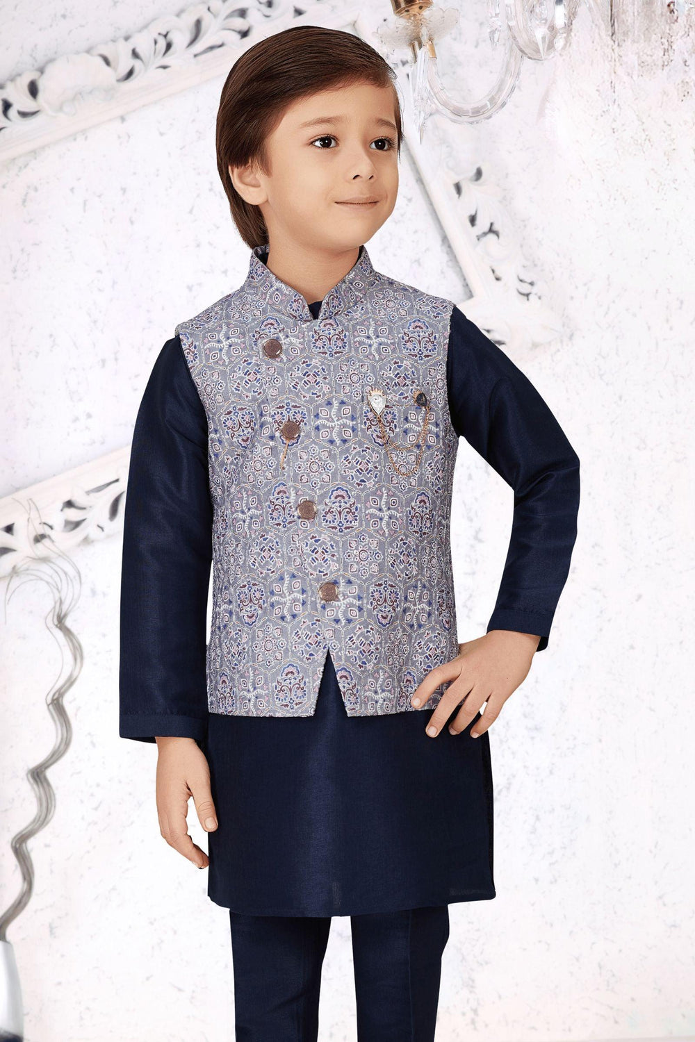 Navy Blue with Grey Prints and Sequins work Waist Coat Kurta Set for Boys - Seasons Chennai