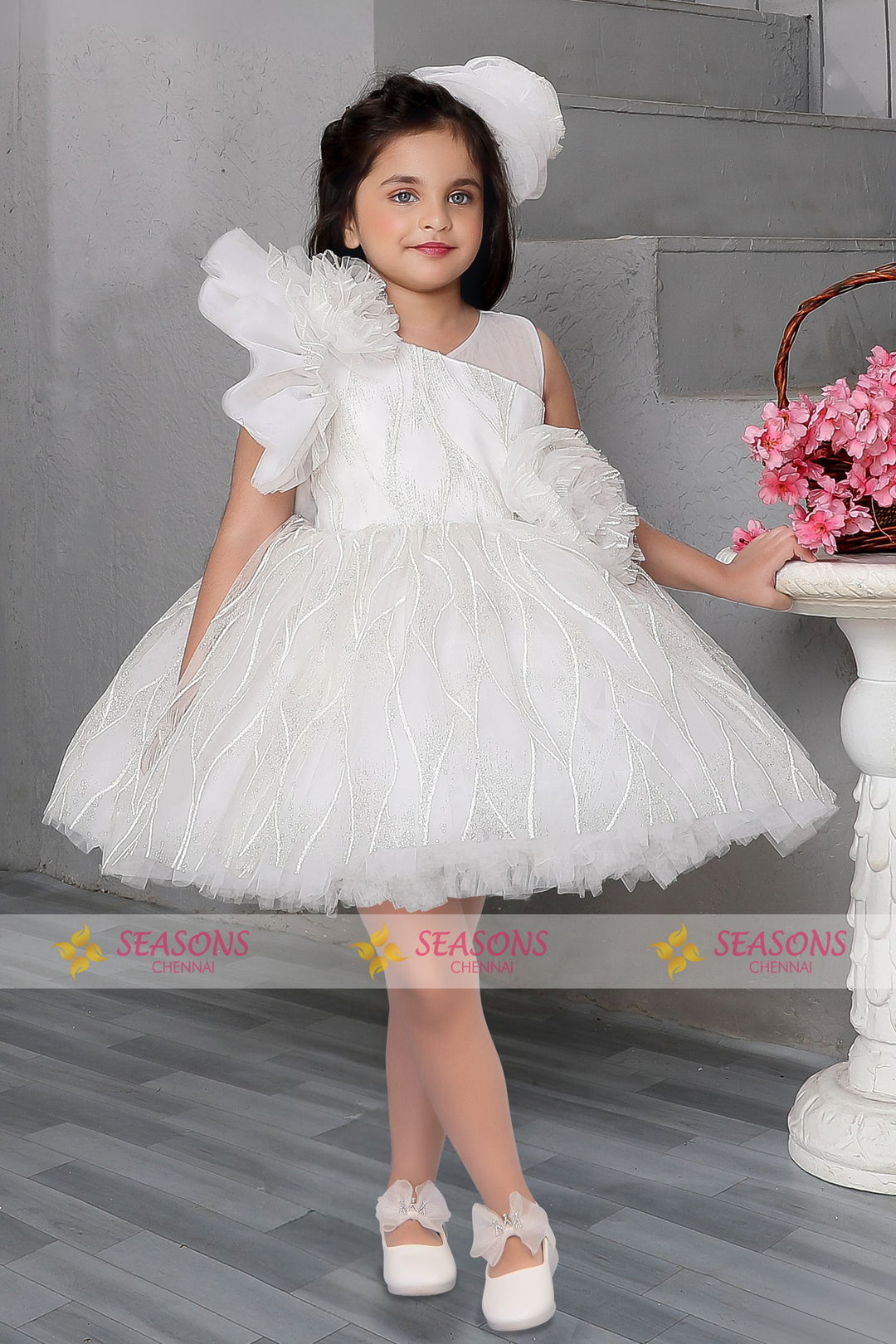 White Short Partywear Frock for Girls