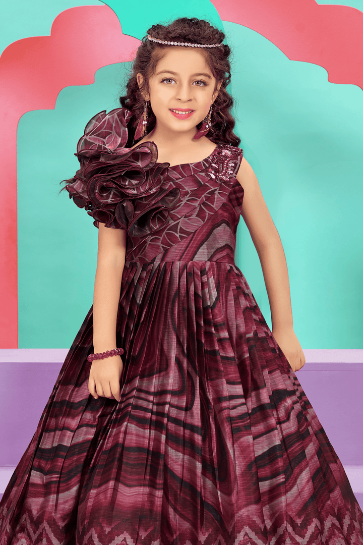 Wine Printed Organza Long Party Gown for Girls - Seasons Chennai