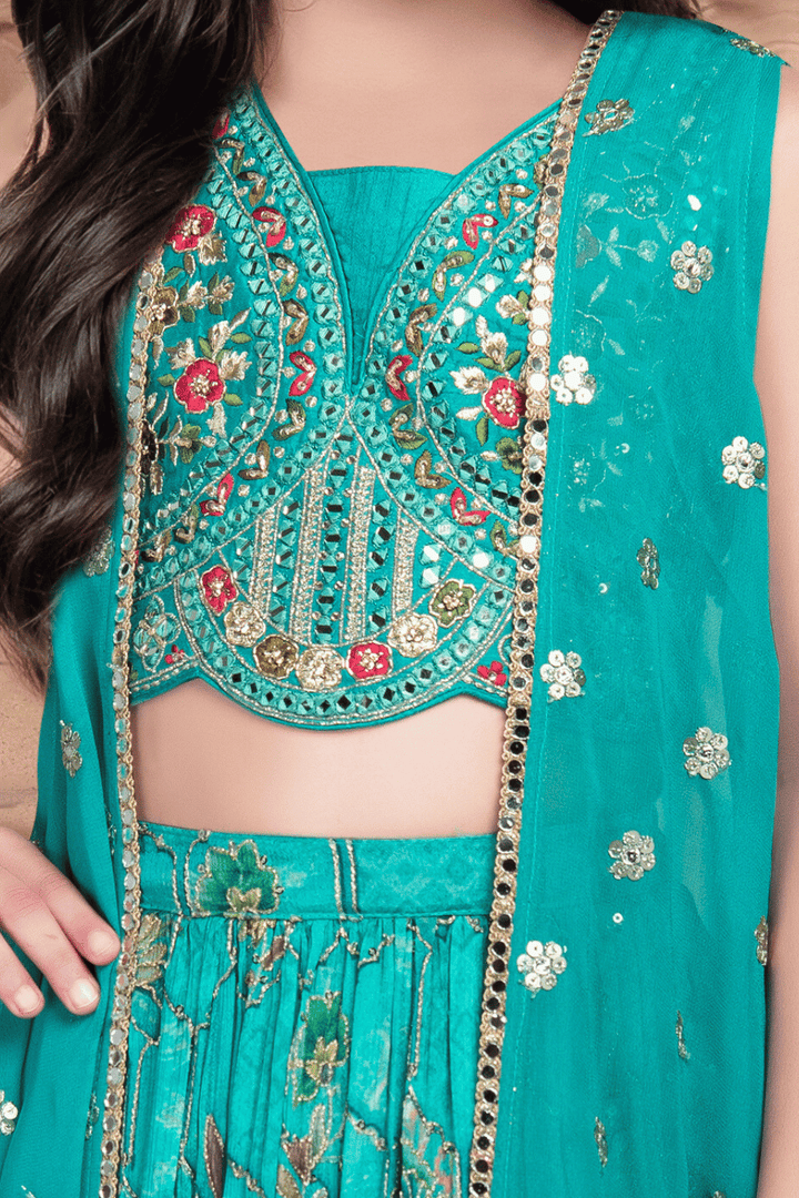 Rama Green Multicolor Embroidery, Mirror and Thread work Overcoat Styled Lehenga Choli for Girls - Seasons Chennai