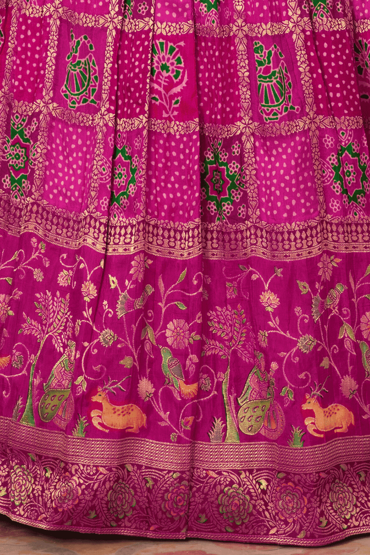Rani Pink Banaras, Stone, Mirror and Zardozi work with Digital Print Lehenga Choli for Girls - Seasons Chennai