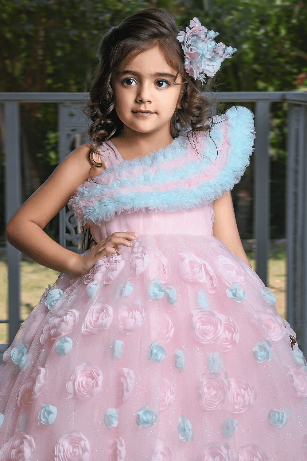 Baby Pink Handmade Flowers with Glittering work Long Party Ball Gown for Girls - Seasons Chennai