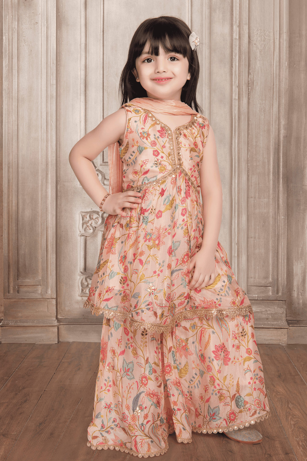 Pink with Multicolor Digital Print, Sequins and Zari work Peplum Top and Sharara Set for Girls - Seasons Chennai