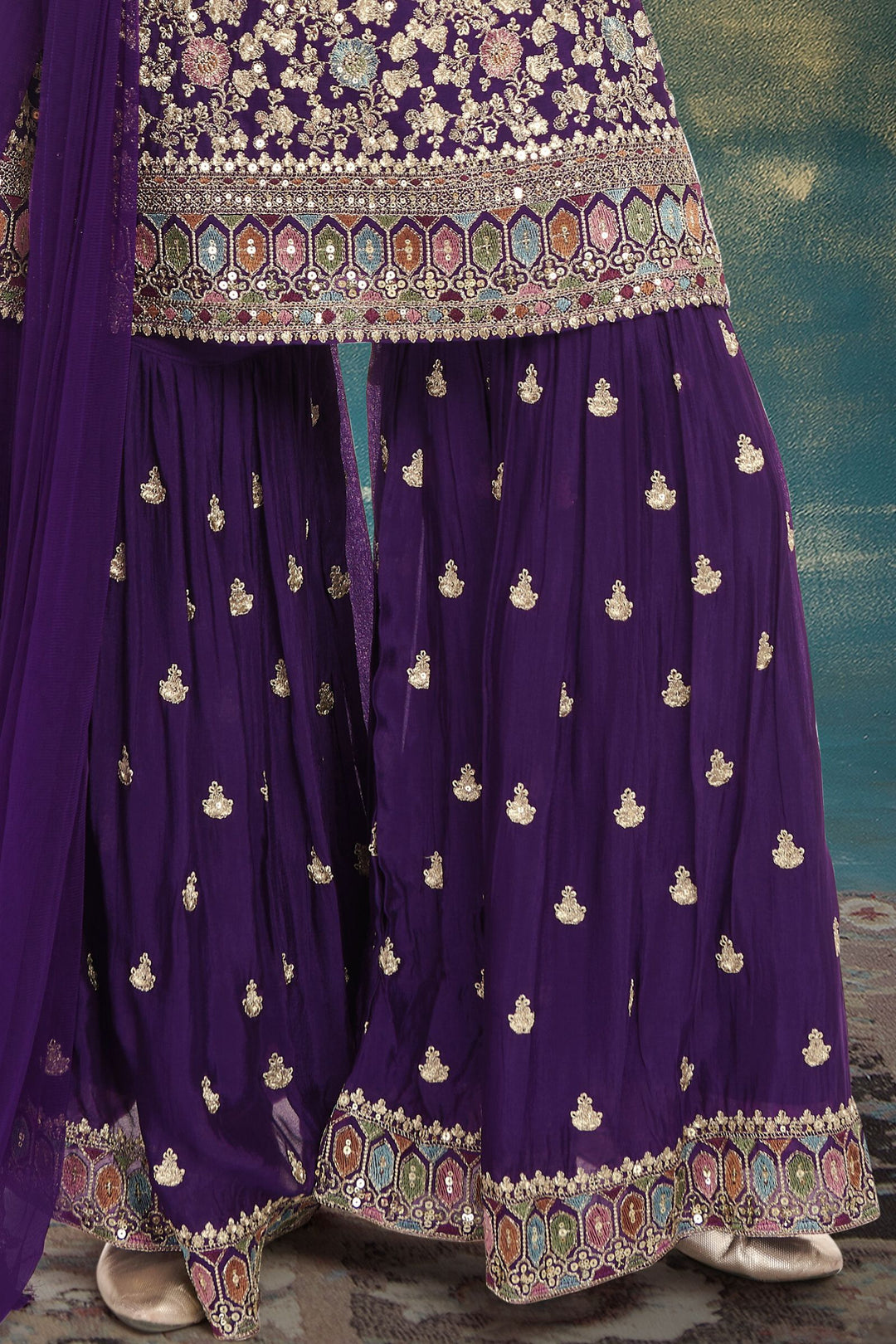 Purple Silver Zari, Thread and Sequins work for Girls Sharara Suit Set