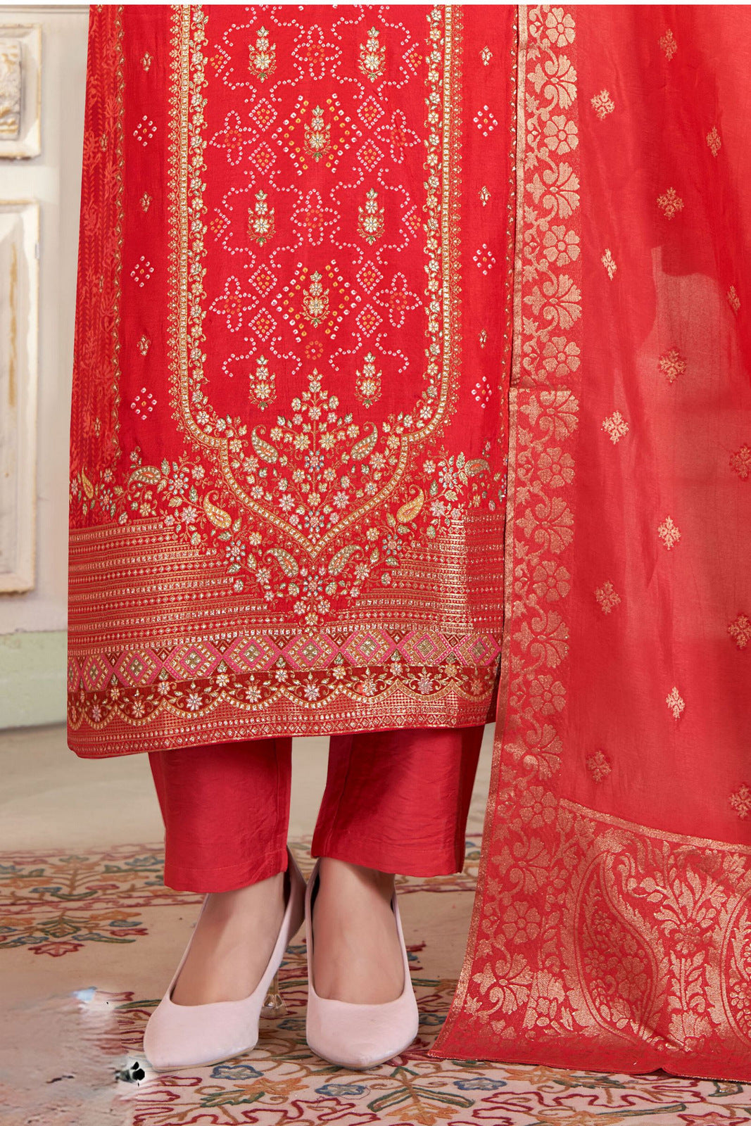 Red Sequins, Zardozi and Banaras work with Digital Print Straight Cut Salwar Suit