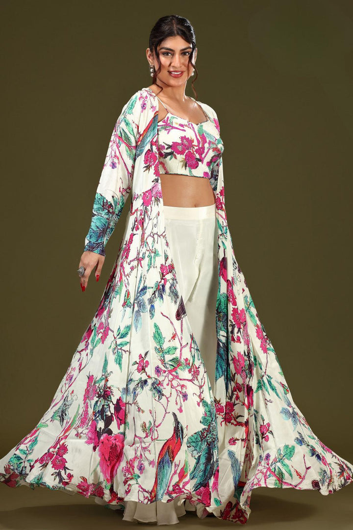 White Floral Print and Sequins work Long Over Coat Crop Top with Palazzo Indo Western Set - Seasons Chennai