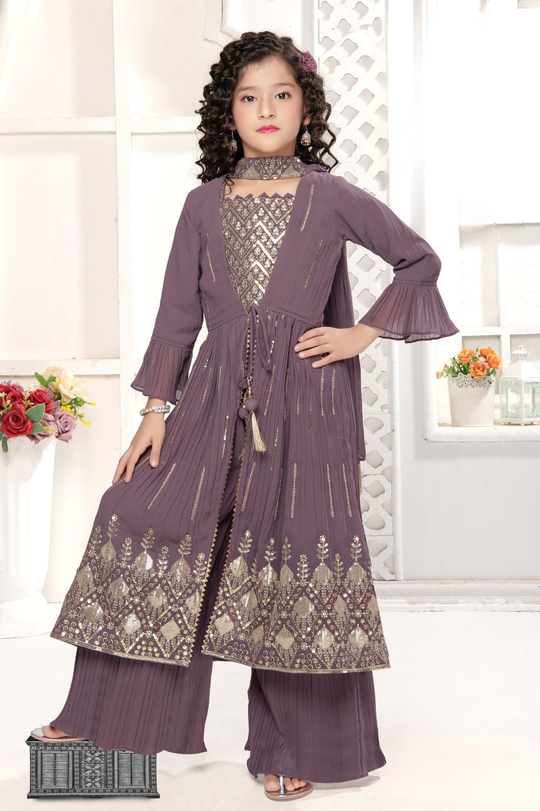 Lilac Sequins and Zari work Overcoat Styled Palazzo Set For Girls
