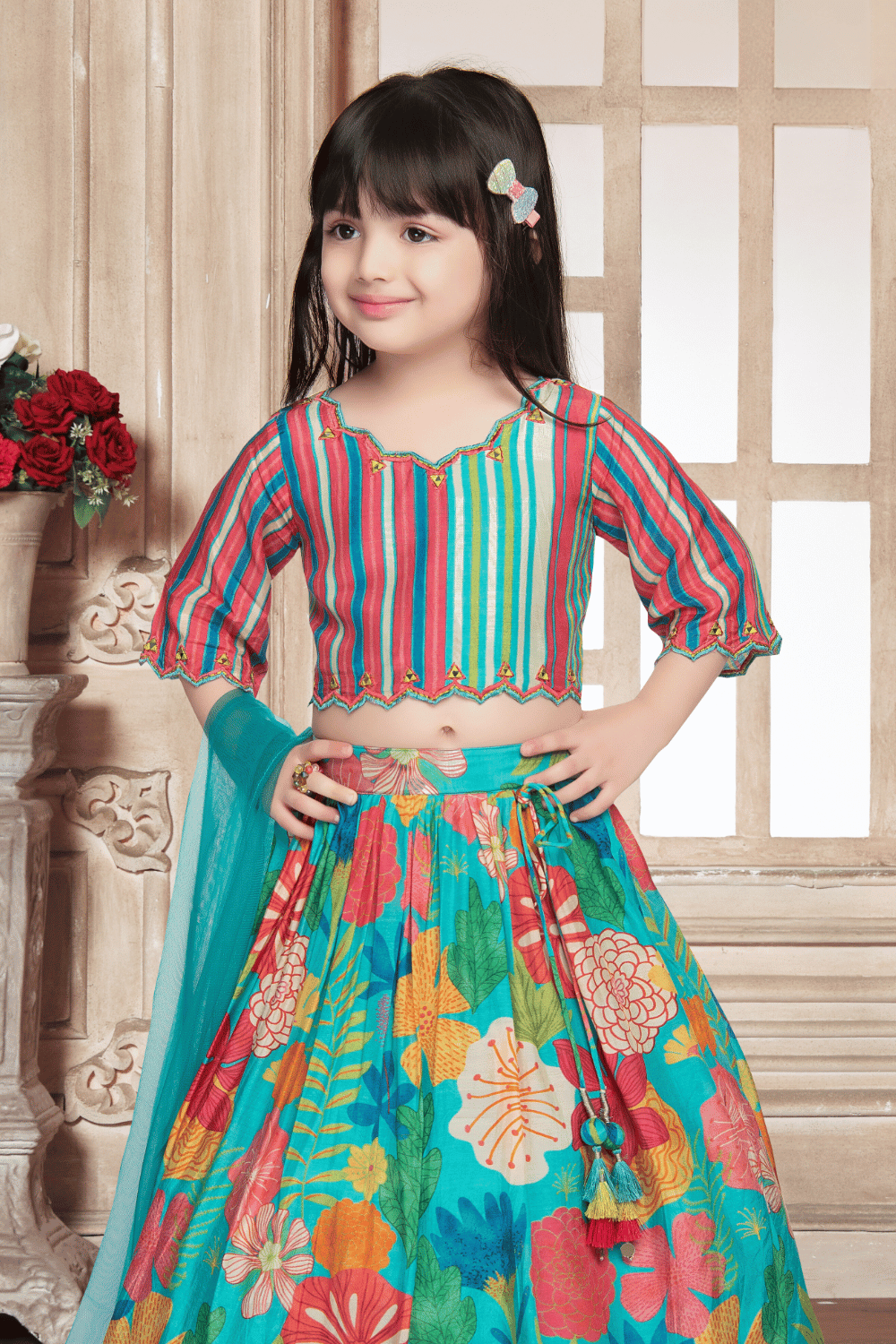 Rama Blue with Multicolor Digital Print Lehenga Choli for Girls - Seasons Chennai