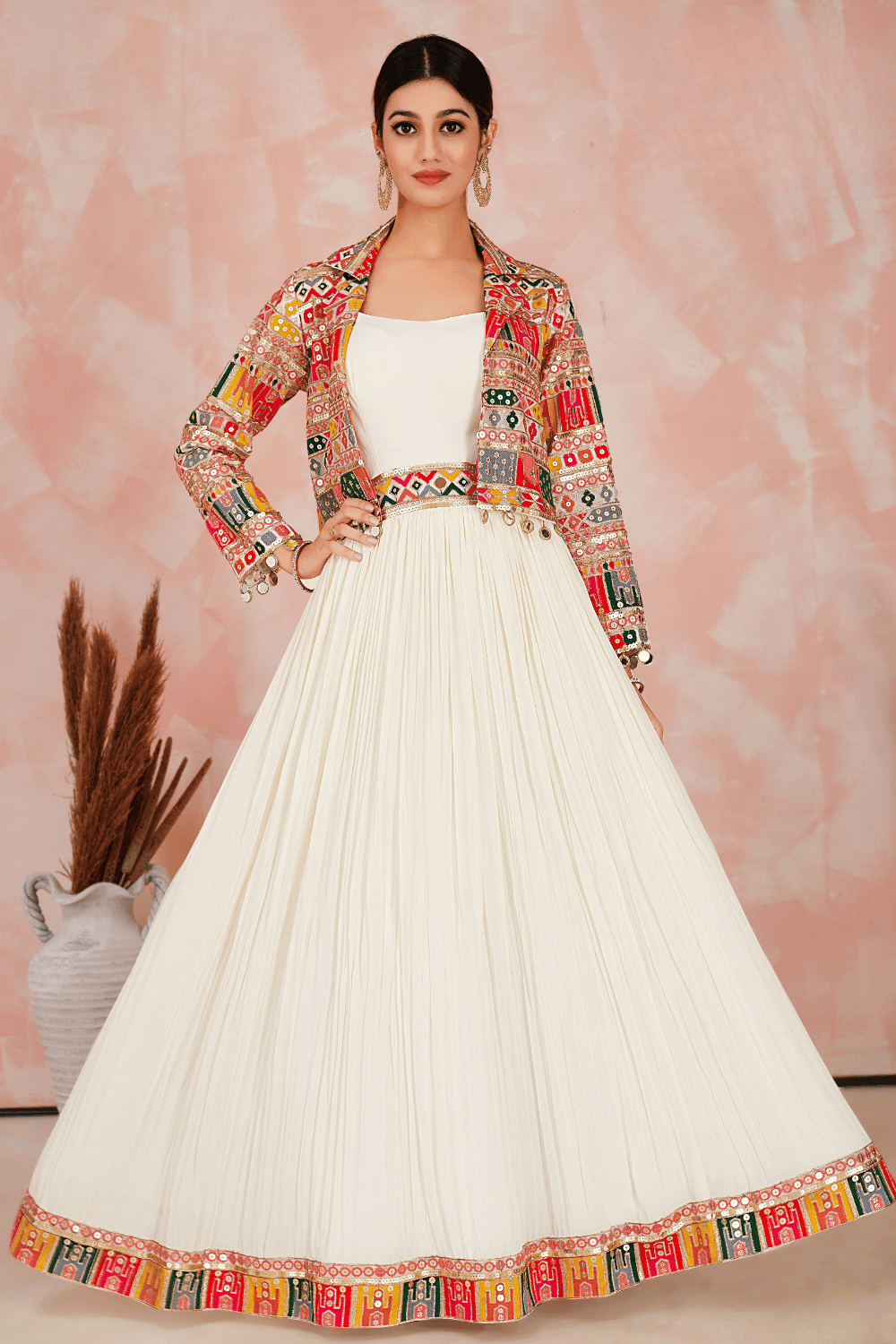 Cream with Multicolor Thread, Sequins and Zari work Jacket Styled Floor Length Anarkali Suit - Seasons Chennai