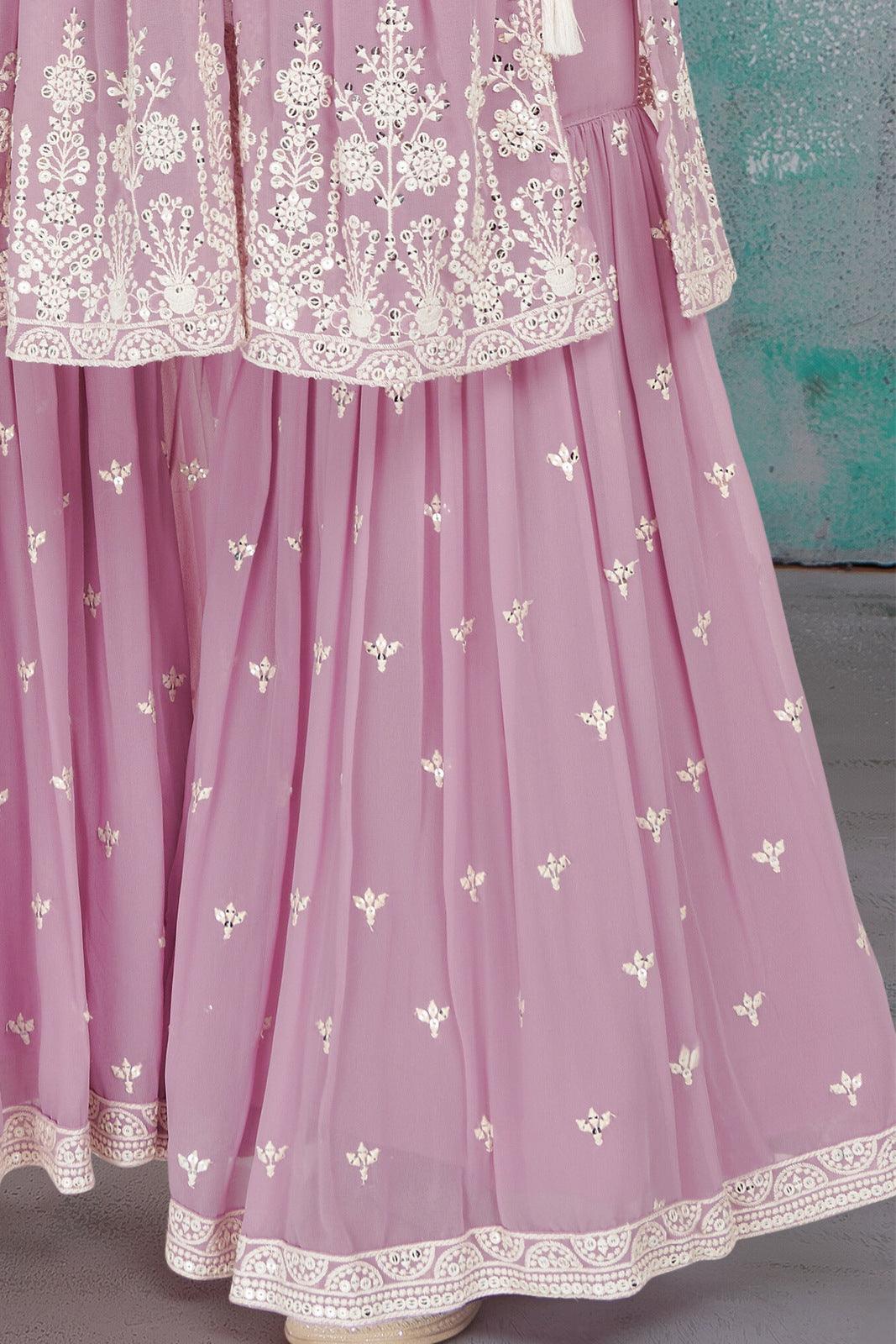 Pink Thread, Mirror and Stone work Alia Cut Peplum Top and Sharara Set for Girls - Seasons Chennai