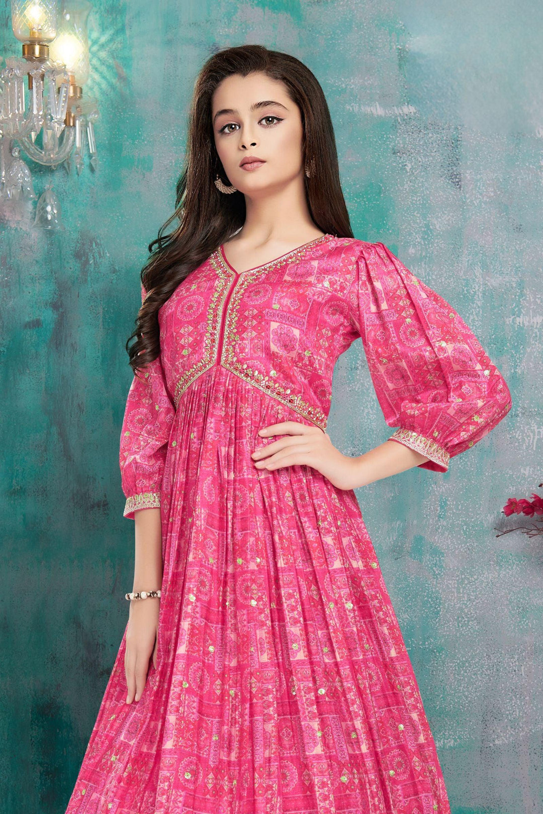 Pink Digital Print, Sequins, Zari and Stone work Alia Cut Long Party Gown for Girls - Seasons Chennai