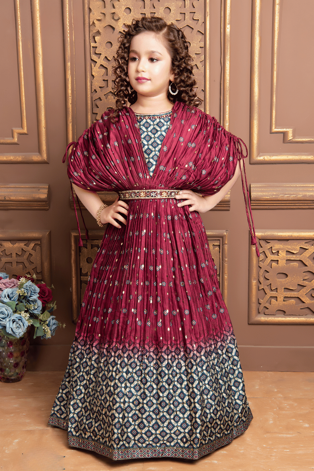 Maroon with Blue Shaded Digital Print Poncho Style Long Party Gown for Girls - Seasons Chennai