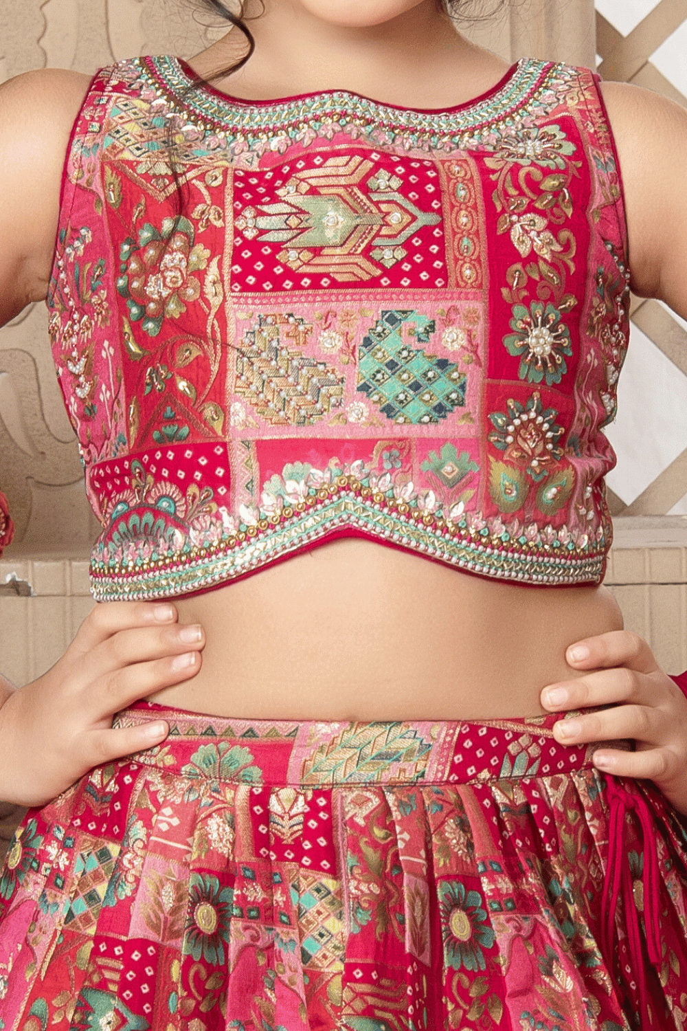 Pink Banaras, Pearl, Kundan, Beads and Sequins work with Printed Lehenga Choli for Girls - Seasons Chennai