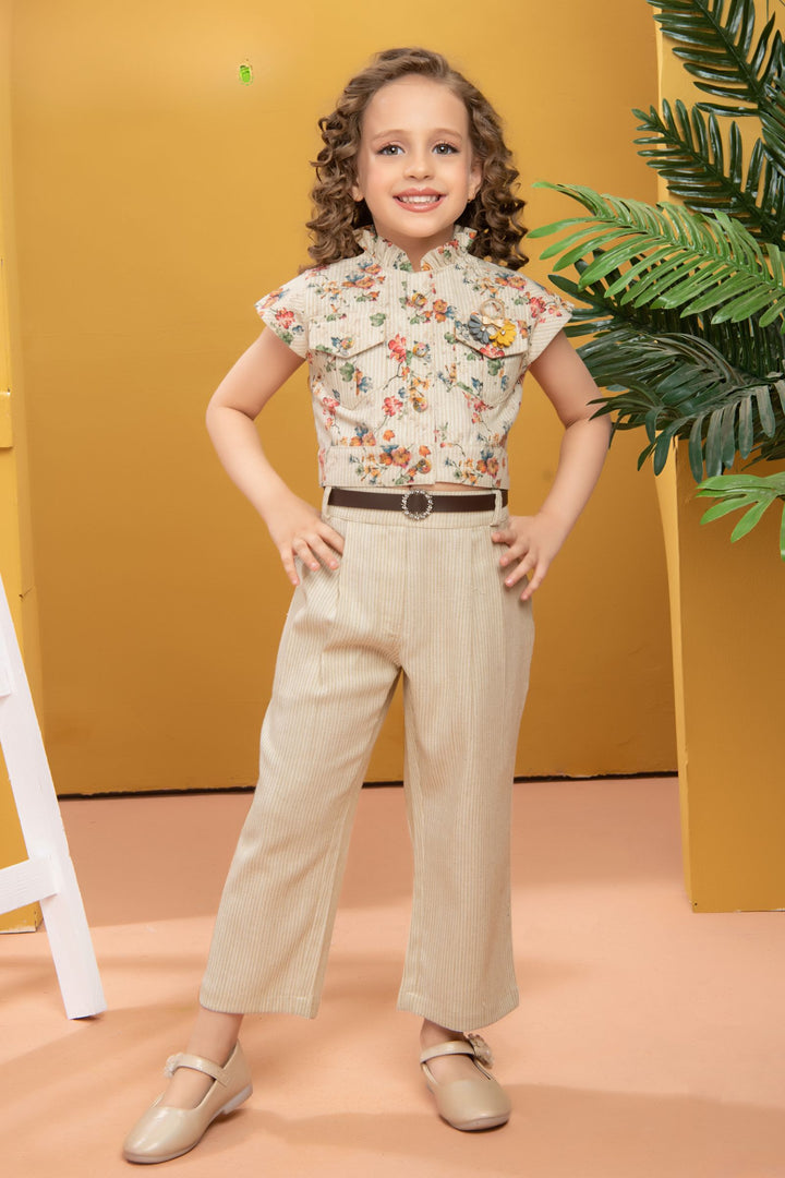 Fawn Floral Print Culottes Set for Girls with Belt