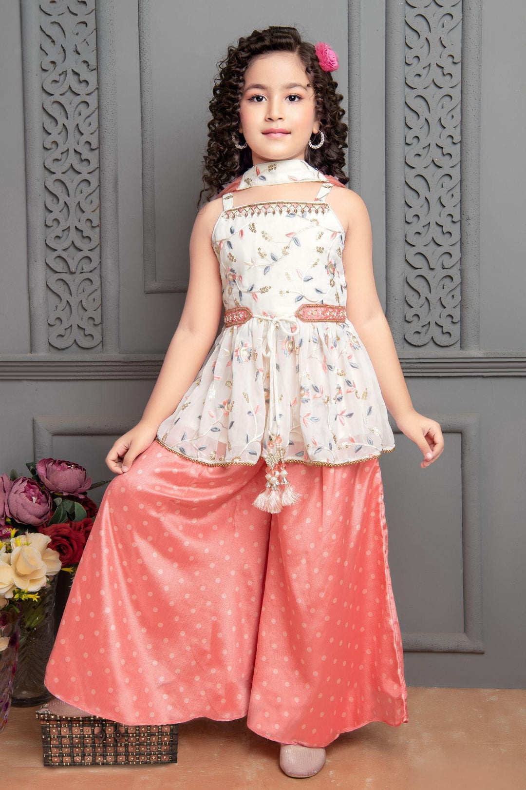 Cream with Peach Embroidery and Sequins work Peplum Top and Palazzo Set for Girls - Seasons Chennai