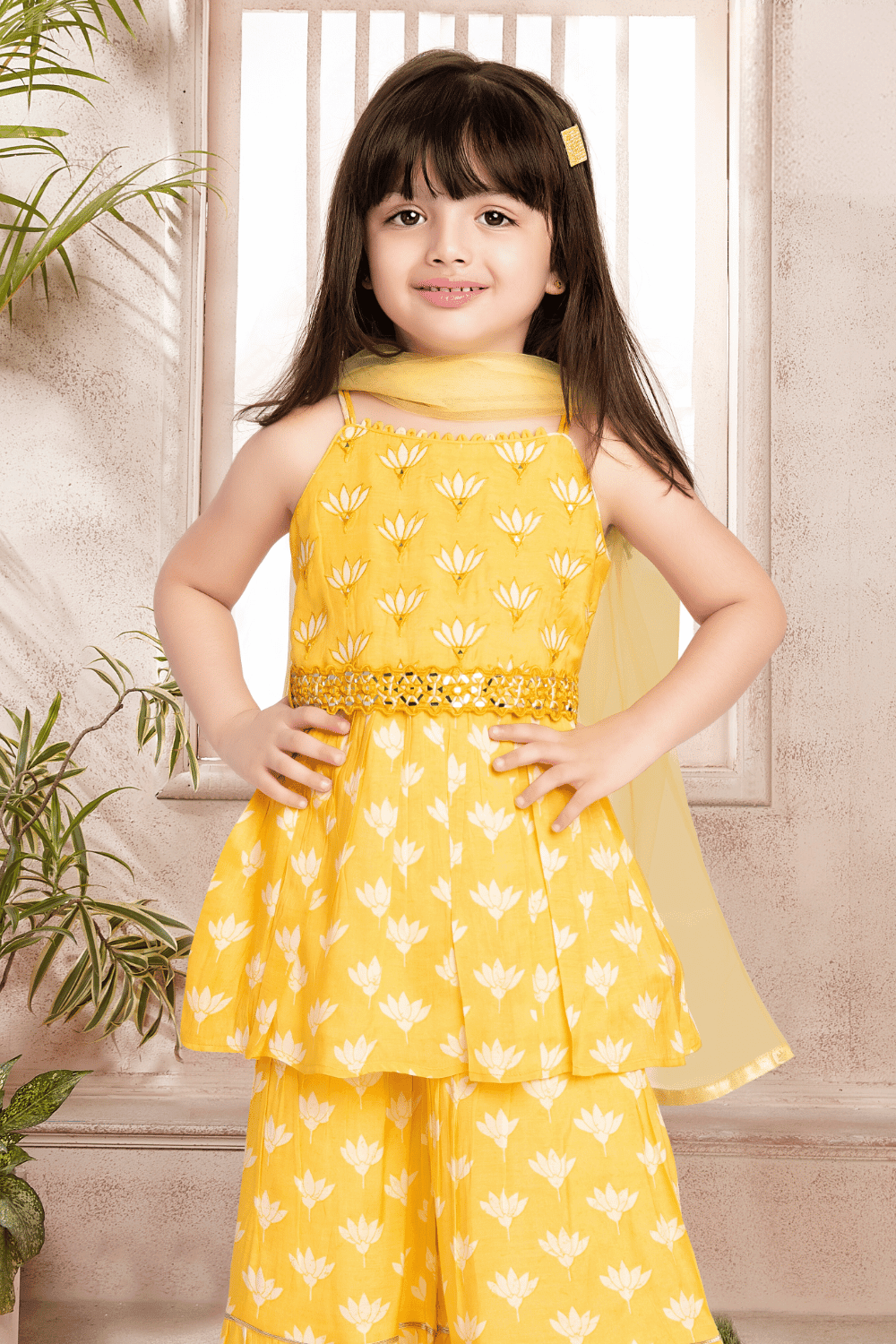 Yellow Printed, Mirror and Thread work Peplum Top and Palazzo Set for Girls  with Belt