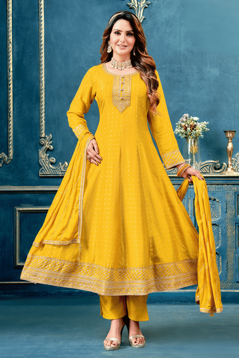 Mustard Banaras Butta Sequins and Zari work Anarkali Style Salwar Suit with Straight Pants