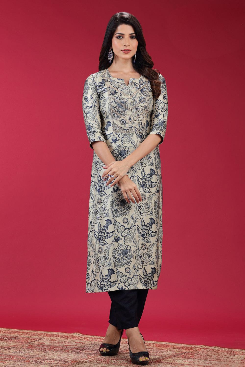 Navy Blue with Cream Zardozi and Pearl work with Digital Print Straight Cut Salwar Suit - Seasons Chennai