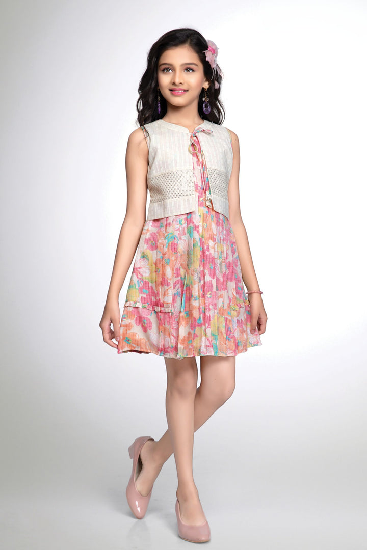 Cream with Multicolor Print, Thread and Sequins work Knee Length Casual Frock for Girls