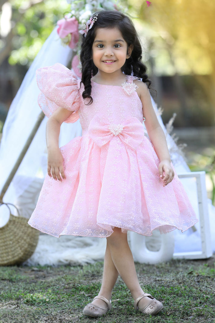 Peach Embroidery and Sequins work Short Frock for Girls