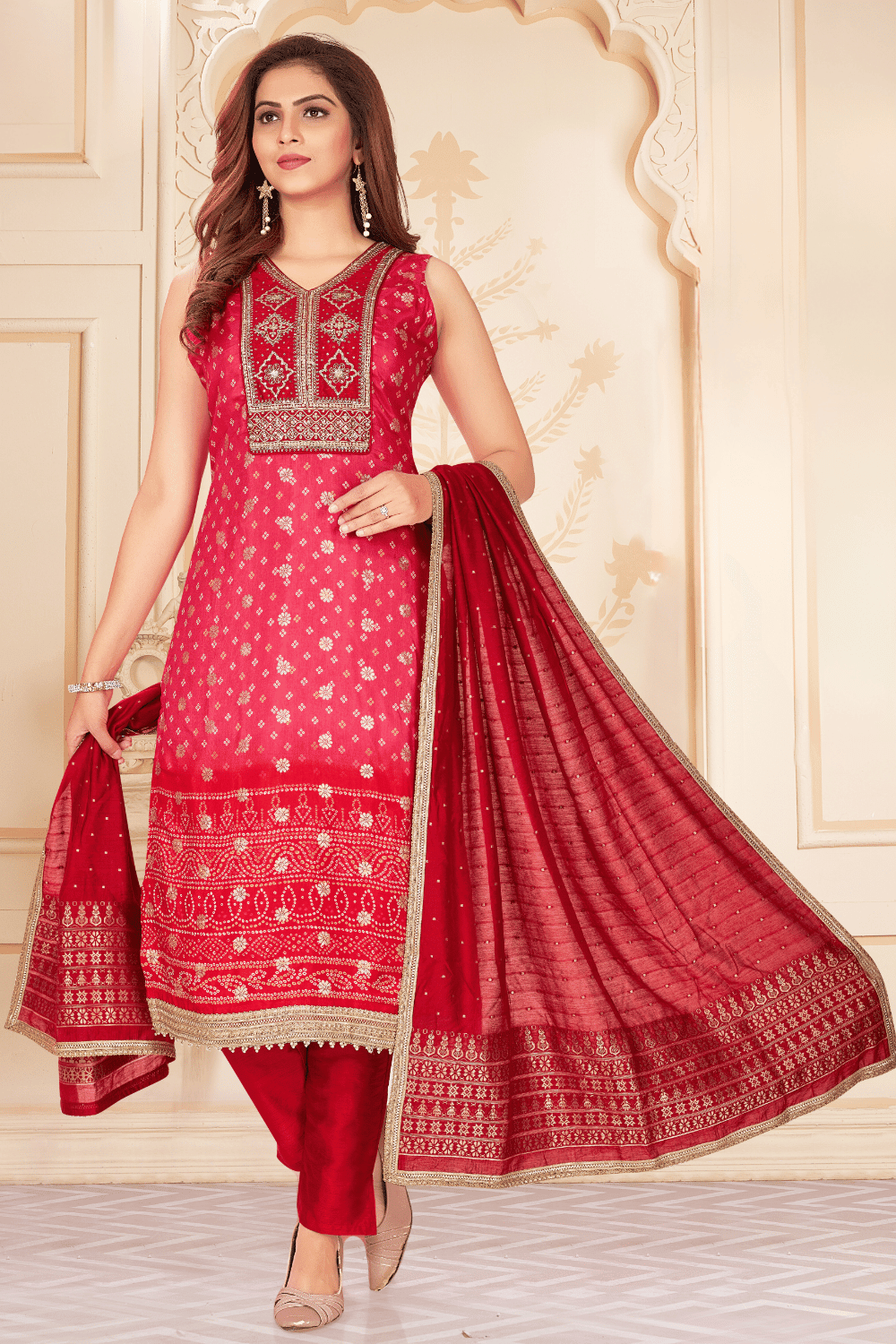 Pink with Red Bandini Print, Banaras Butta, Zari, Sequins and Pearl work Straight Cut Salwar Suit - Seasons Chennai