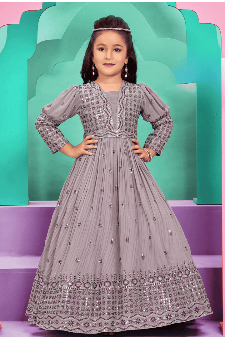 Light Purple Thread, Zari and Sequins work Long Party Gown for Girls - Seasons Chennai