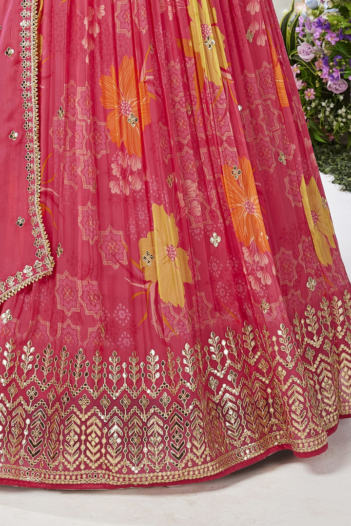 Pink Sequins and Zari work with Floral Print Floor Length Anarkali Suit