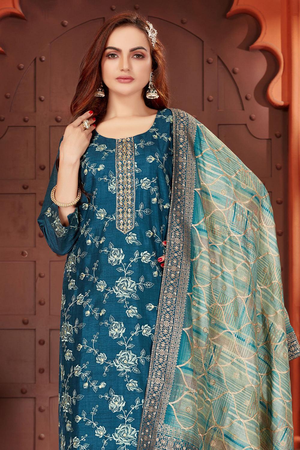 Peacock Blue Embroidery, Sequins, Mirror and Zari work Straight Cut Salwar Suit - Seasons Chennai